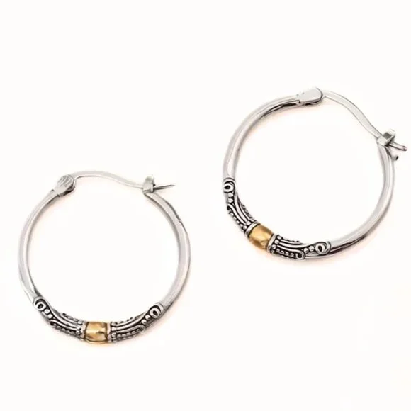 Earrings Hoops Two-tone Bohemian Retro Chic with a Minimalist Filigree Pattern - Picture 2 of 5